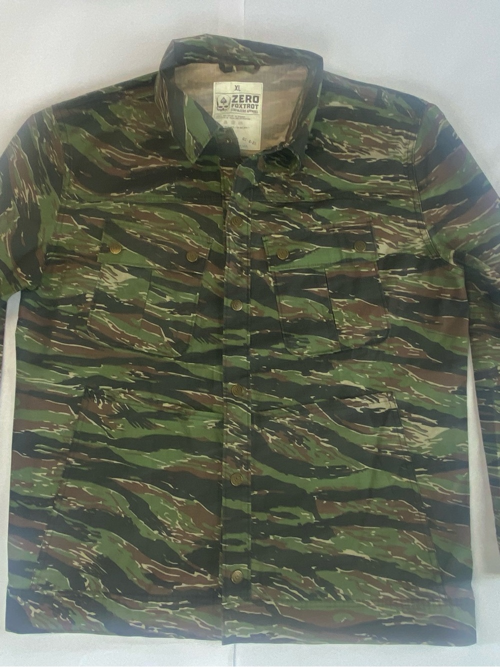 Zero Foxtrot Chore Jacket TCU Snap Ripstop Fabric Advisor Tiger Jungle Camo XL